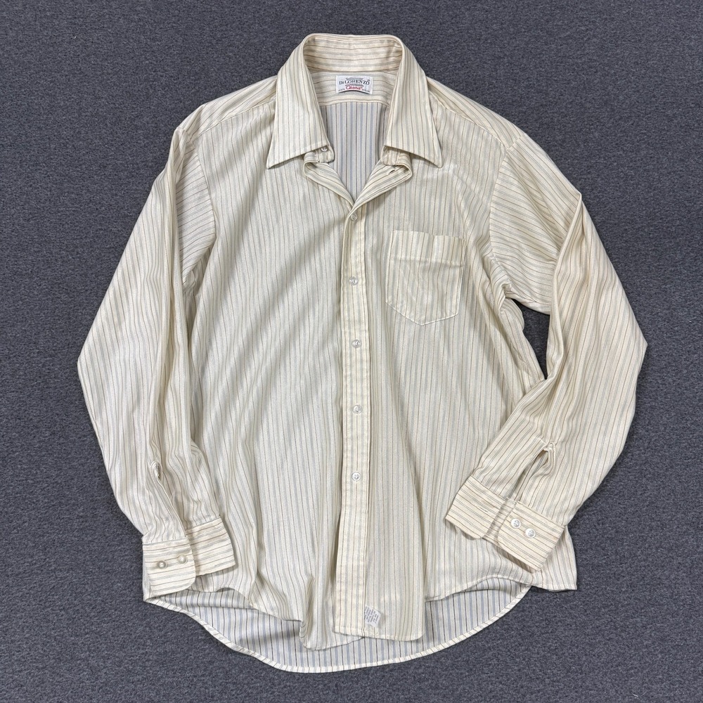 70s Di Lorenzo Qiana Nylon Shirt Mens XL Cream Striped Good Vintage Disco Silky